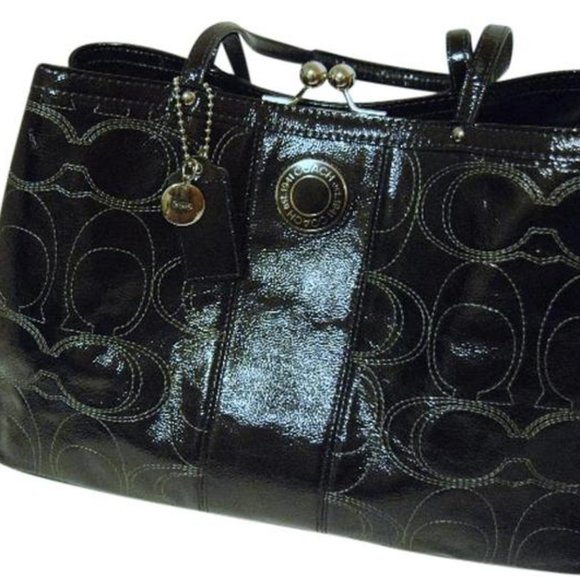 Coach F19215 Black Patent Leather Logo Kiss lock Carryall Purse Bag Stitched C - Picture 1 of 8